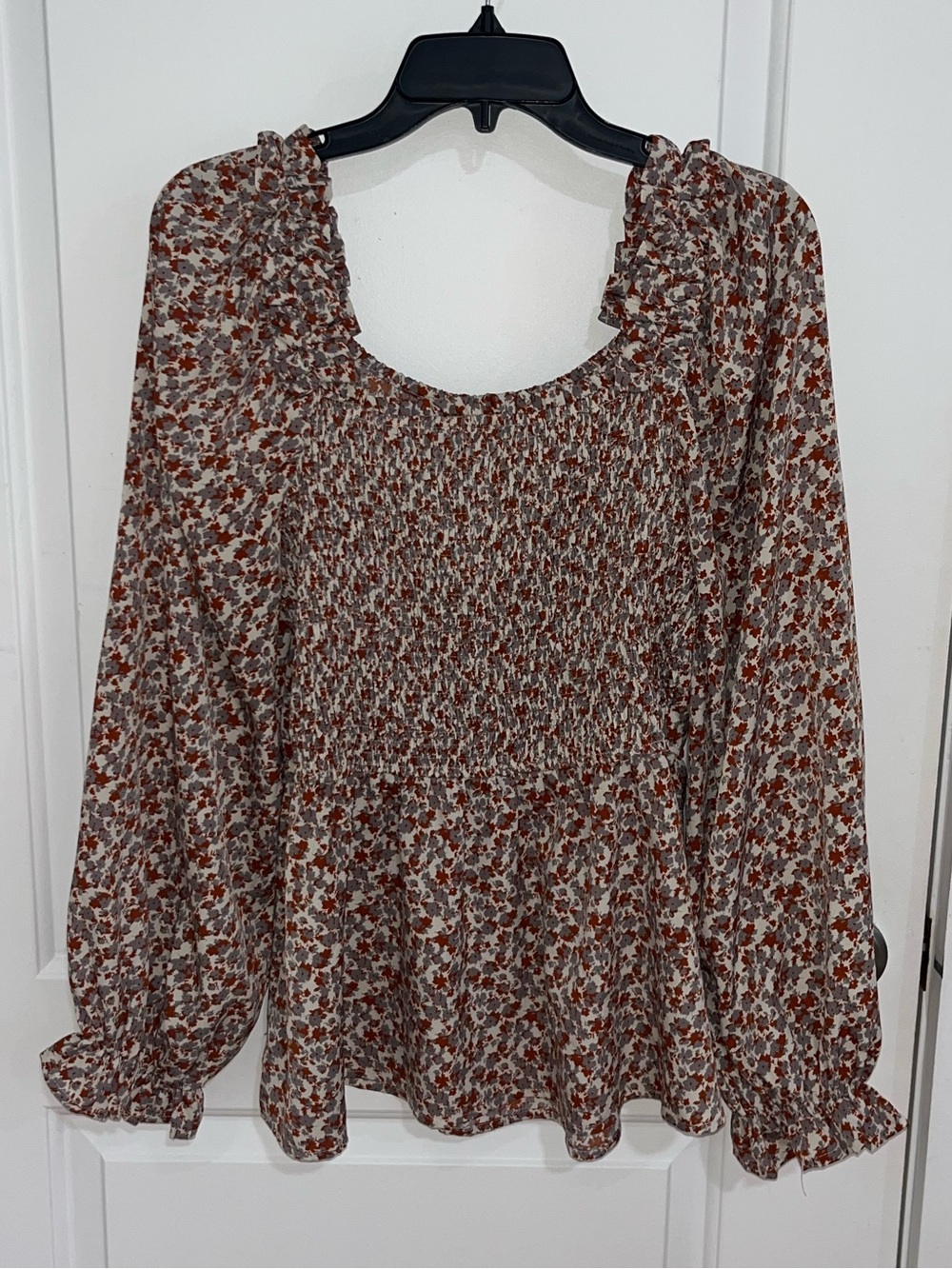 Hayden Smocked Peplum Floral Blouse - Rust & Beige